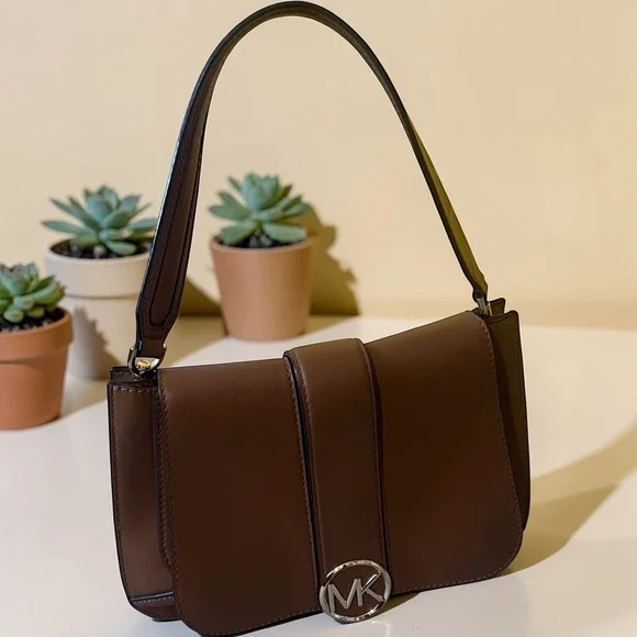 Michael Kors Shoulder Bag Womens Small Luggage Brown Excellent MK Logo Leather - Picture 9 of 14